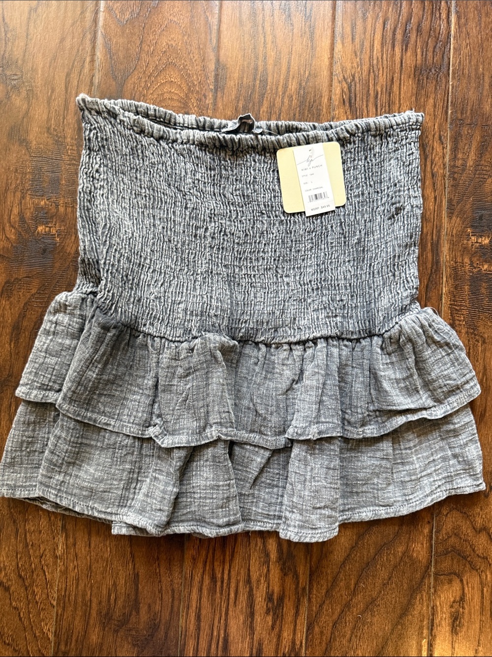 NWT! kiwi + punch Gray Two-Piece Ruffle Set - Off-Shoulder Top & Skirt, size lg - Picture 3 of 7